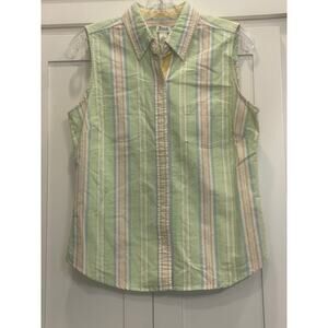 BASS Sleeveless button up Camp Shirt mint green/pink stripe Small 100% Cotton